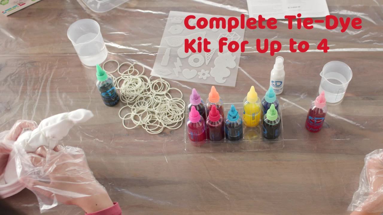 thumbnail video image 2 of Discovery Kids 10-Color Tie Dye Ultimate DIY Kit, Easy One-Step Dye for Shirts and Fabrics, Includes Rubber Bands, Plastic Gloves, Protective Plastic Sheet, and Instruction Manual, 2 of 11