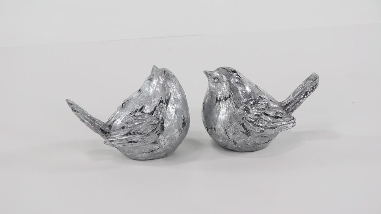thumbnail video image 2 of 8"W, 6"H Silver Polystone Bird Sculpture, by DecMode (2 Count), 2 of 9