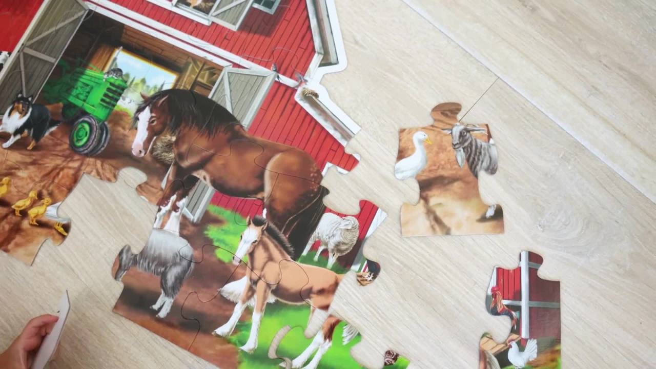 thumbnail video image 2 of Melissa & Doug Busy Barn Shaped Jumbo Jigsaw Floor Puzzle (32 pcs, 2 x 3 feet) - FSC Certified, 2 of 10