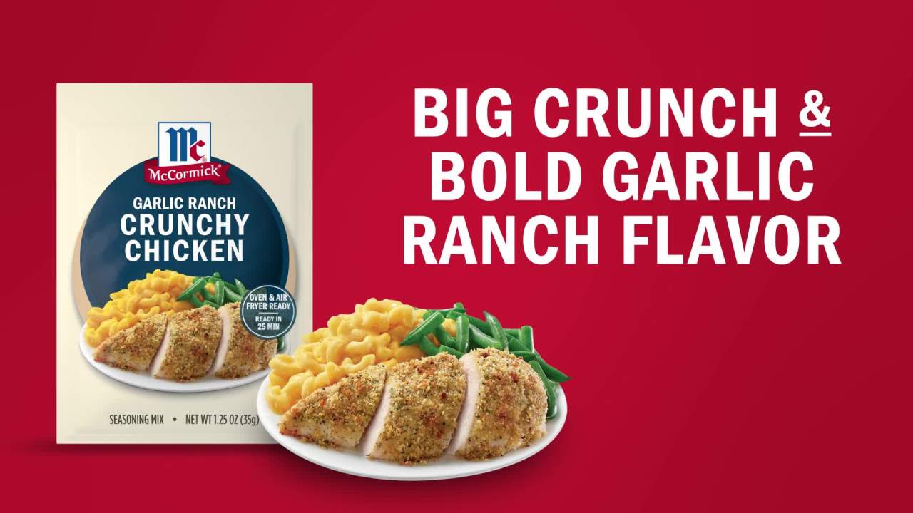 thumbnail video image 2 of McCormick Garlic Ranch Crunchy Chicken Seasoning Mix, 1.25 oz Packet, 2 of 14