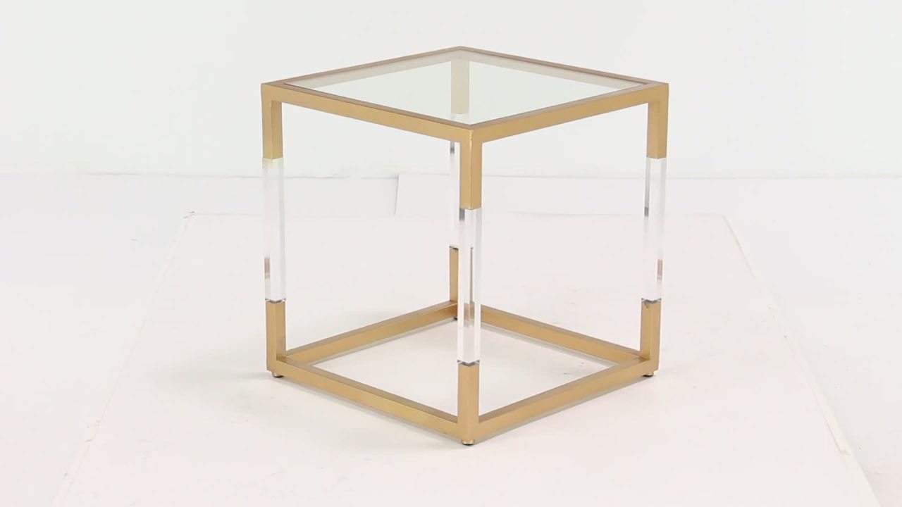 thumbnail video image 2 of DecMode 19" x 20" Gold Metal Cube Shaped Accent Table with Clear Glass Top and Acrylic Legs, 1-Piece, 2 of 11