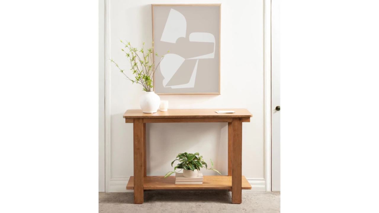 thumbnail video image 2 of Kate and Laurel Foxford Tiered Rectangle Console Table, 42 x 14 x 30, Walnut Brown, Transitional Two-Tier Wood Entryway Table with Storage for Use as Living Room Behind Couch Table, 2 of 9