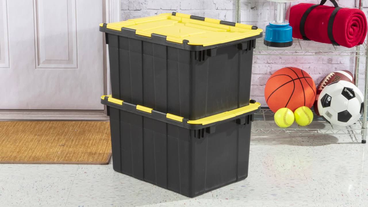 thumbnail video image 2 of Sterilite Plastic 12 Gallon Hinged Lid Industrial Tote Yellow Lily Set of 6, 2 of 8