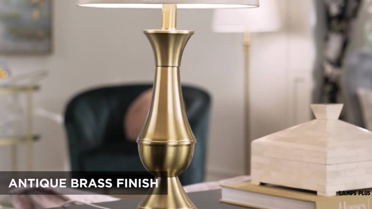 thumbnail video image 2 of Regency Hill Becky Traditional Table Lamps 24 3/4" High Set of 2 Antique Brass Metal Beige Drum Shade for Bedroom Living Room Bedside Nightstand Home, 2 of 8