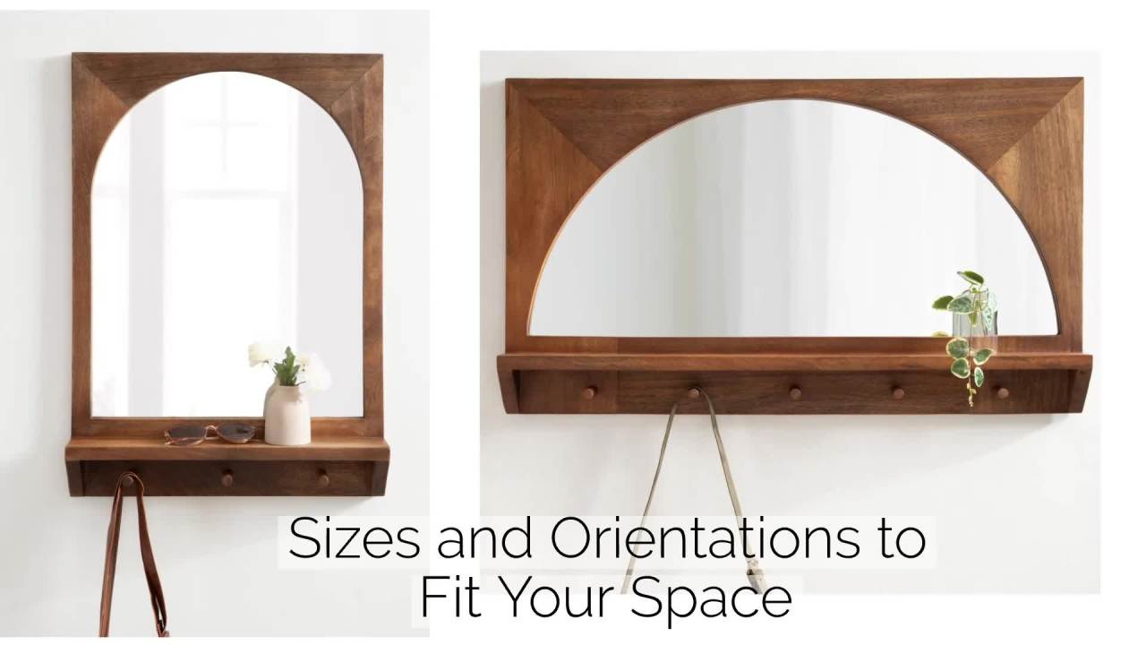 thumbnail video image 2 of Kate and Laurel Andover Pub Mirror with Coat Hooks, 36 x 22, Natural Wood, Decorative Wood Wall Mirror with Five Hanging Pegs and Small Display Shelf, 2 of 9