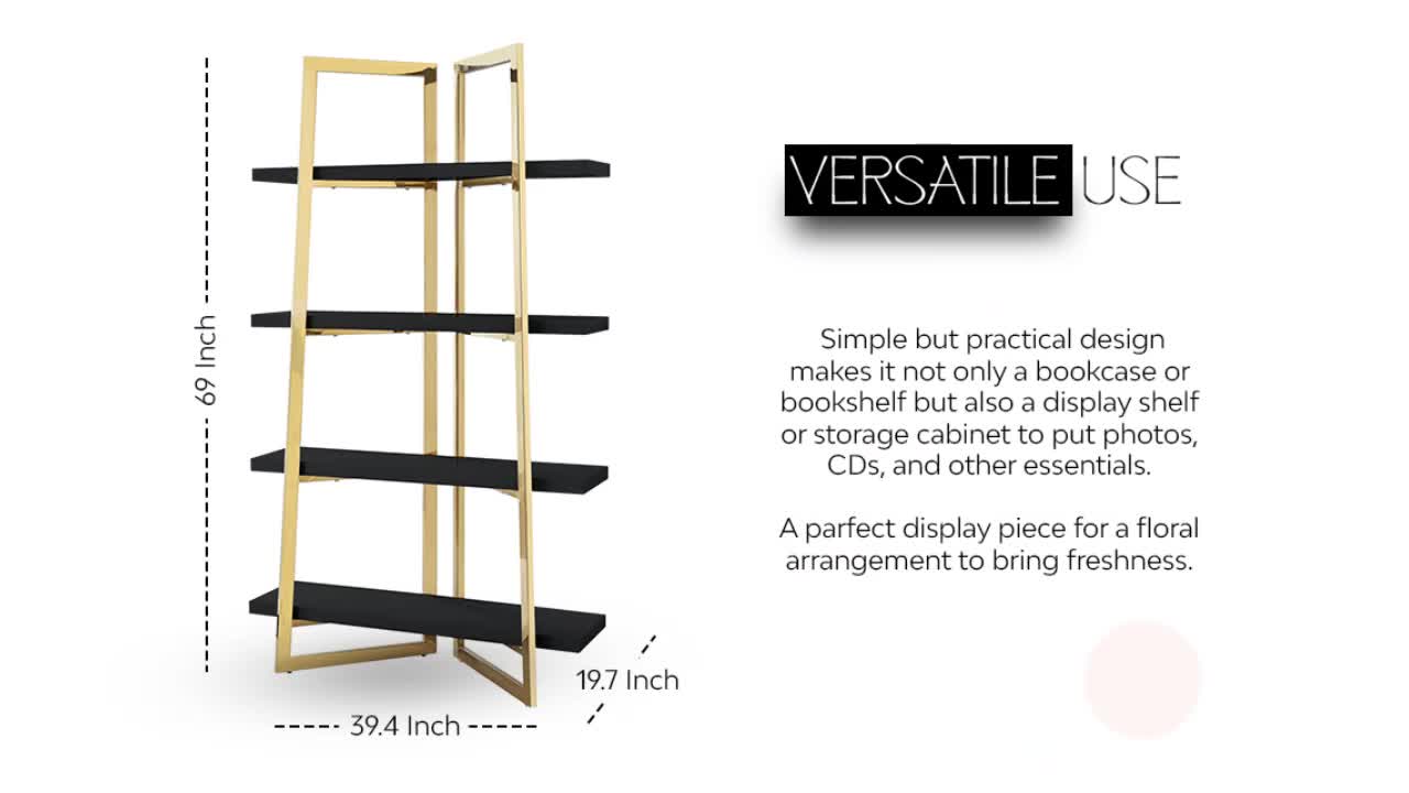 thumbnail video image 2 of Inspired Home Kanani Etagere Stainless Steel Bookshelf/Bookcase 4 Shelves High Gloss Lacquer Finish, Black/Gold, 2 of 10
