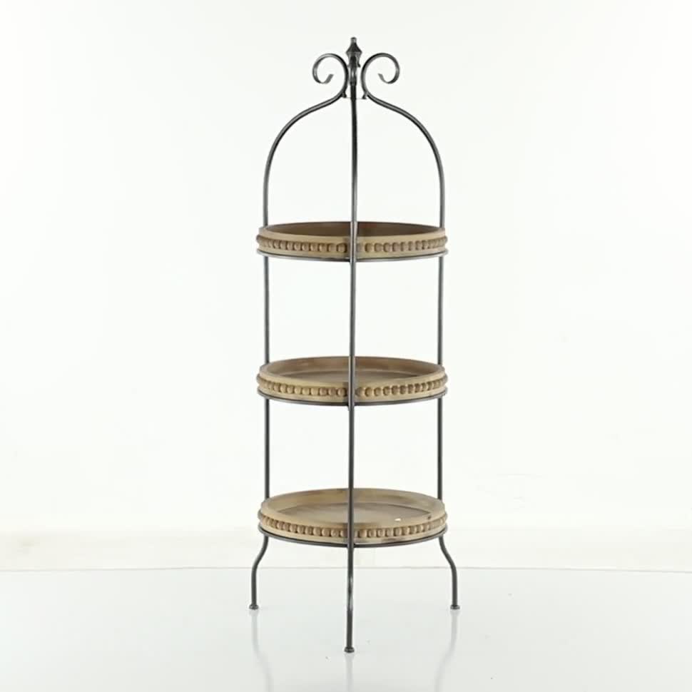 thumbnail video image 2 of DecMode 17" x 51" Brown Metal Arched 3-Tier Shelving Unit with Scroll Top, 1-Piece, 2 of 13