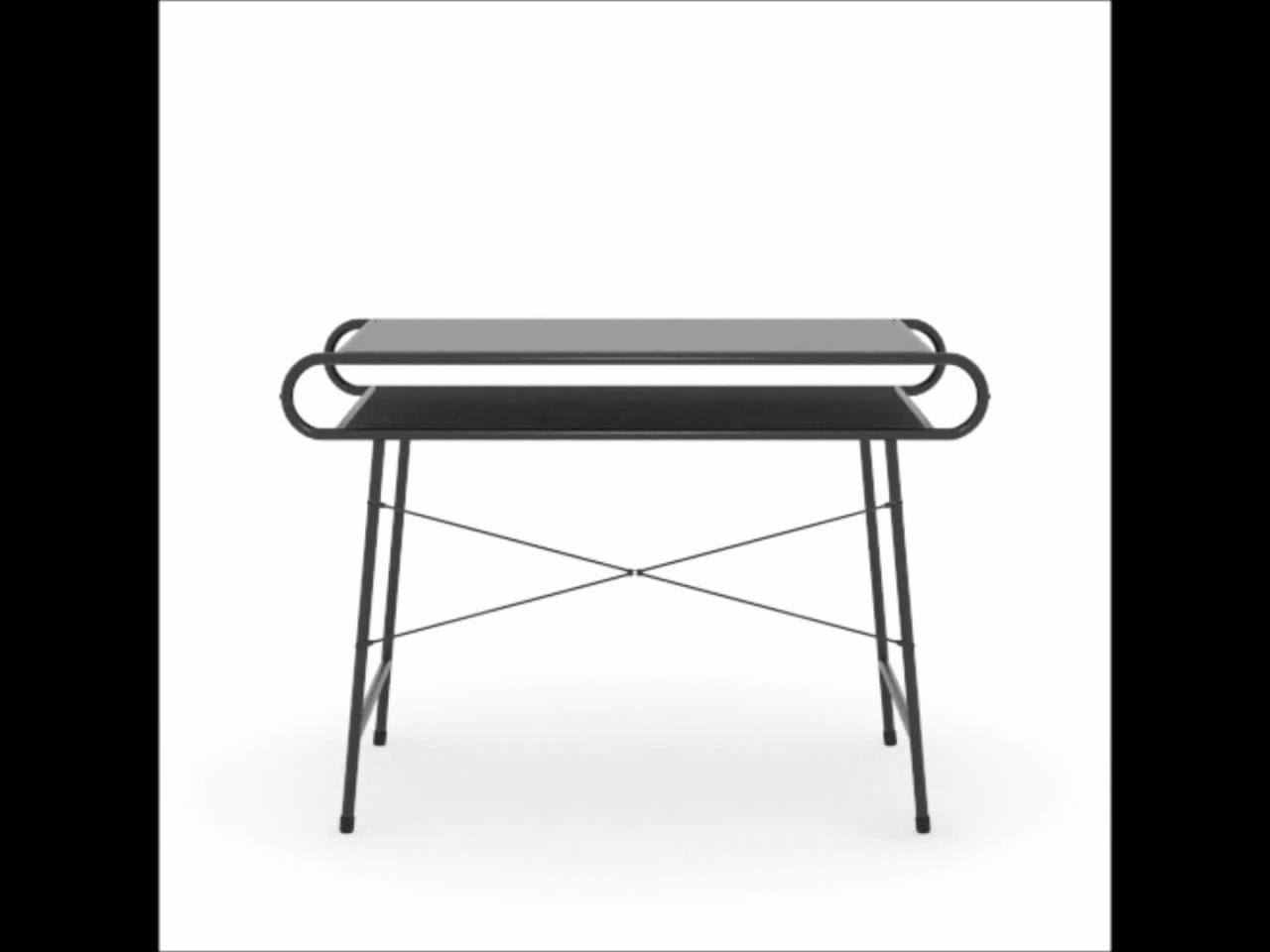thumbnail video image 2 of Sauder Metro Pike Mid-Century Metal & Wood Desk with Storage, Misted Elm Finish, 2 of 9