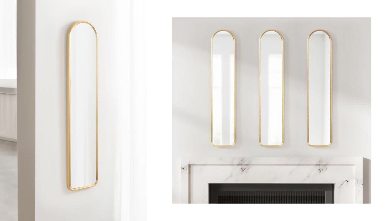 thumbnail video image 2 of Kate and Laurel Caskill Slim Panel Wall Mirror, 8 x 38, Gold, Glam Tall Arch Mirror Wall Decor for Use as Skinny Entryway Mirror, Decorative Bedroom Mirror, or Cute Nursery Mirror, 2 of 9