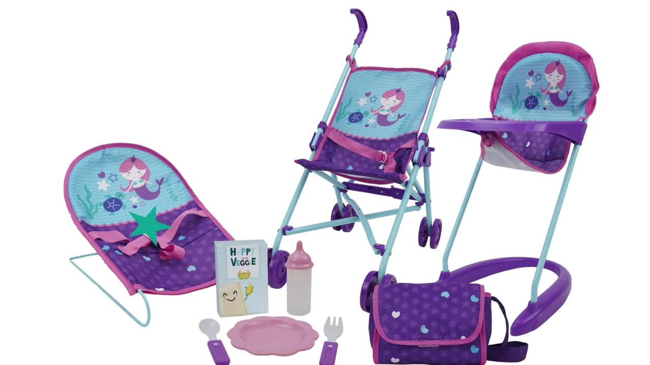 thumbnail video image 2 of 509 Crew: Mermaid 9 Piece Doll Playset W/ Stroller, Highchair, Bouncer, Handbag, Feeding Accessories, Kids Age 3+, 2 of 7