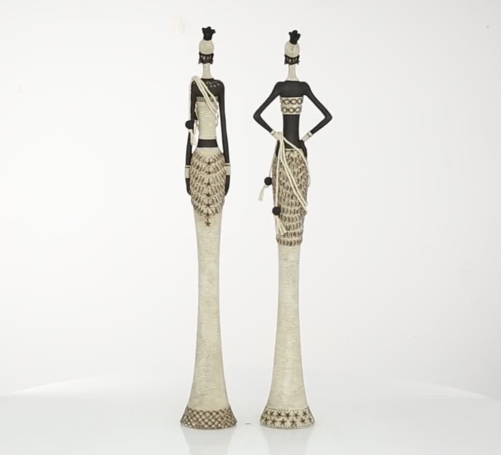 thumbnail video image 2 of 6"W, 31"H White Polyresin Handmade Standing African Woman Sculpture with Intricate Details, by DecMode (2 Count), 2 of 9