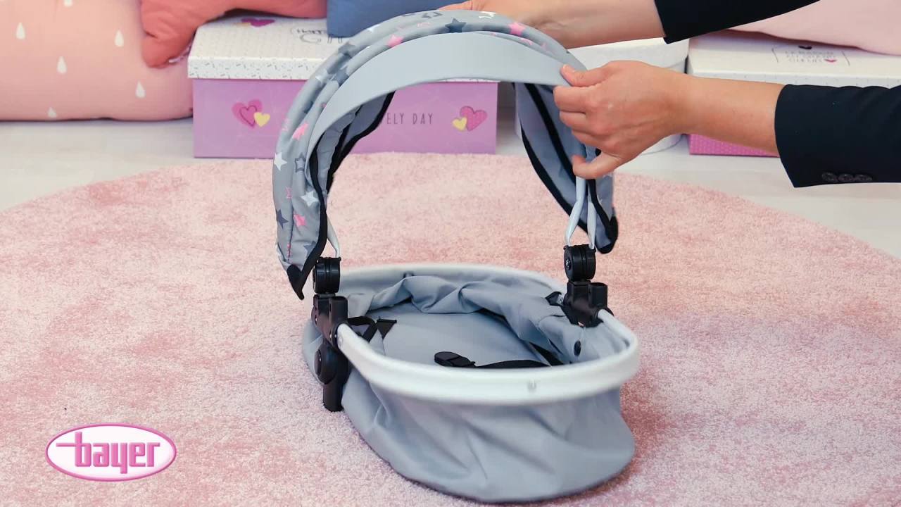 thumbnail video image 2 of Bayer Design Doll Pram - Grey/Pink Stars - W/ Shoulder Bag, Fits Dolls up to 18", Adjustable Handle & Swivel Wheels, Basket, Ages 3+, 2 of 8