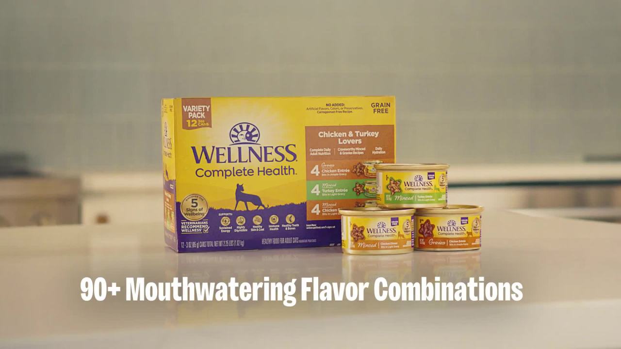 thumbnail video image 2 of Wellness Complete Health Wet Canned Cat Food, Minced Turkey Entree, 5.5oz Can (Pack of 24), 2 of 10