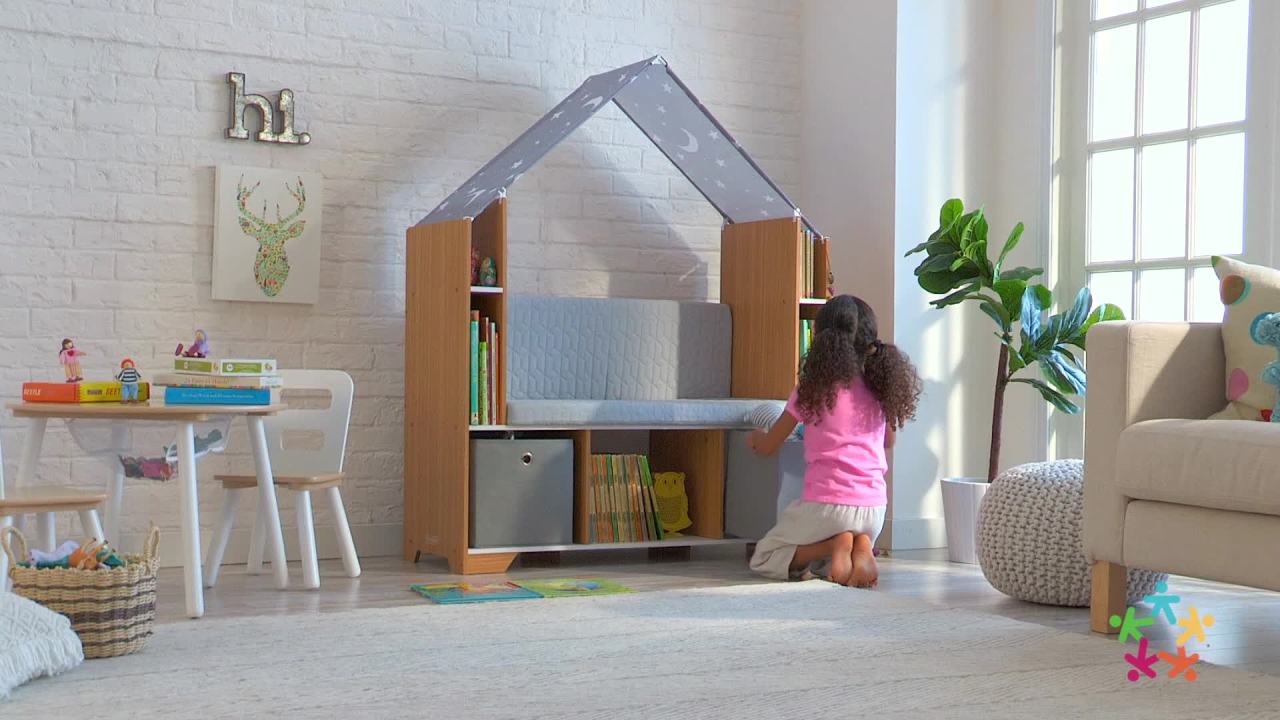 thumbnail video image 2 of KidKraft Little Dreamer Deluxe Reading Nook, Bookcase & Storage Bins, 2 of 14