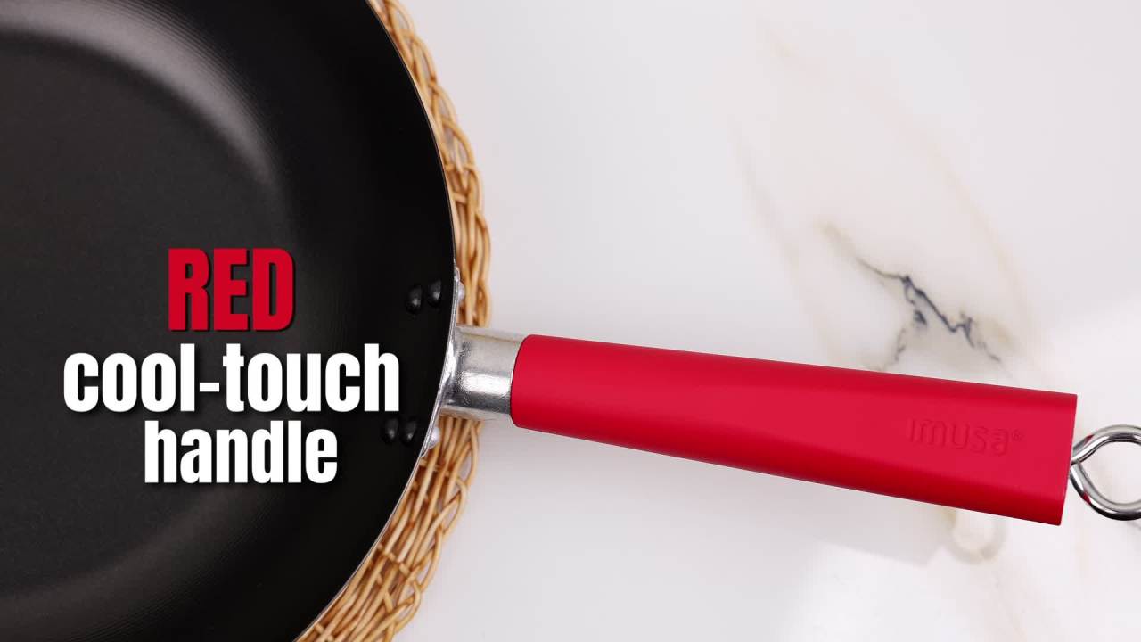 thumbnail video image 2 of IMUSA 12in Carbon Steel Nonstick Wok with Red Soft Touch Handle, Black, 2 of 9