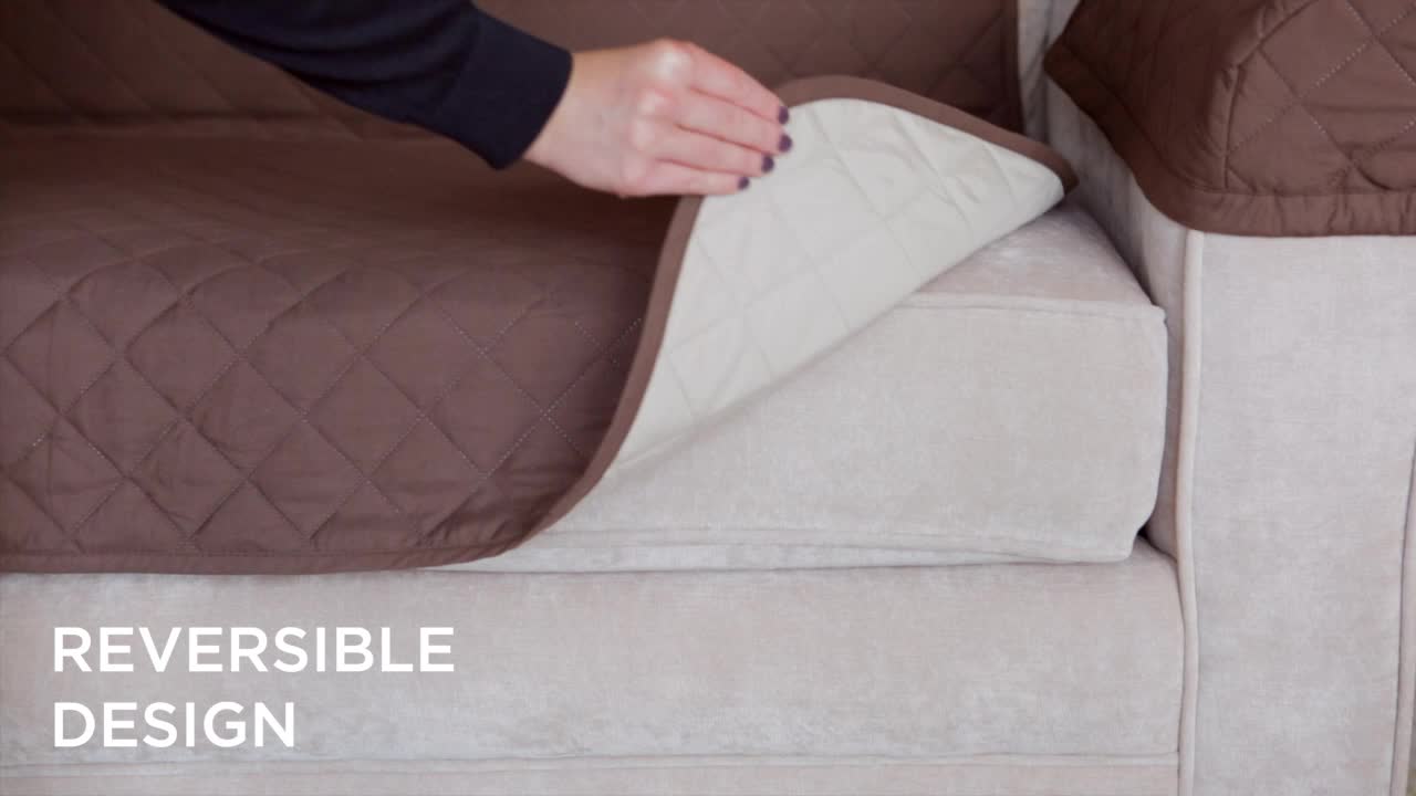 thumbnail video image 2 of Zenna Home 3-Piece Reversible Recliner Quilted Furniture Cover, Camouflage and Chocolate, 2 of 9