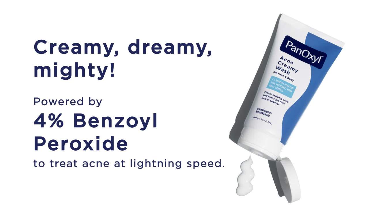 thumbnail video image 2 of PanOxyl Acne Creamy Wash Daily Control, Face & Body, 4% Benzoyl Peroxide, All Skin Types, 6 oz, 2 of 10