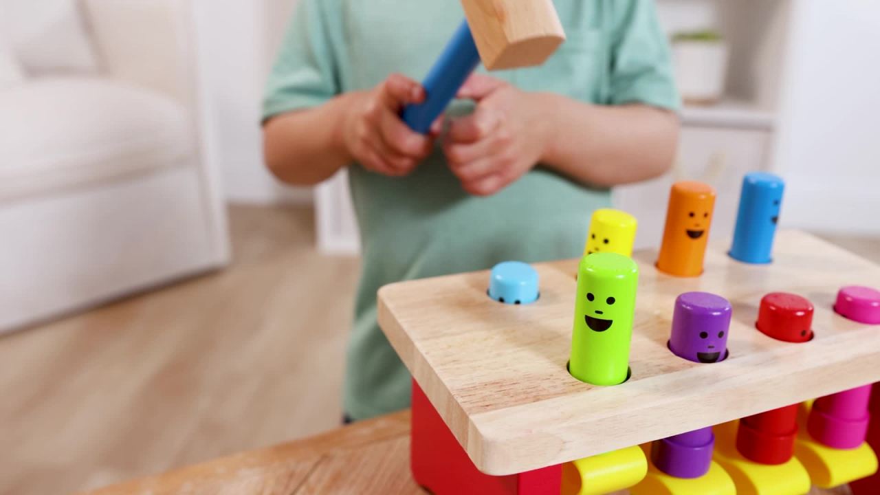 thumbnail video image 3 of Melissa & Doug Deluxe Pounding Bench Wooden Toy With Mallet, 3 of 11
