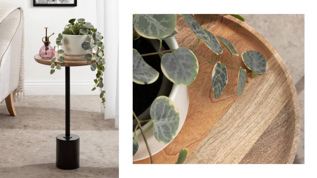 thumbnail video image 2 of Kate and Laurel Xyler Wood and Metal Round Side Table, 14 x 14 x 24, Walnut Brown and Antique Brass, Transitional Pedestal Table for Use as Indoor Plant Stand or Bedroom Nightstand Decor, 2 of 9