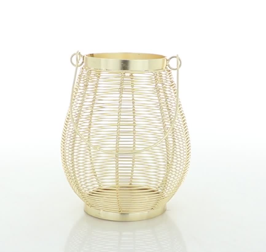 thumbnail video image 2 of DecMode Gold Metal Decorative Candle Lantern with Thin Metal Handle, 2 of 11
