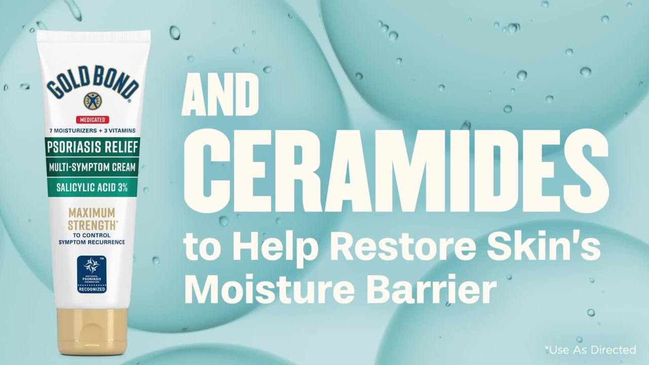 thumbnail video image 3 of (3 pack) Gold Bond Psoriasis Multi-Symptom Relief Hand and Body Lotion & Cream for Itchy, Dry Skin with 3% Salicylic Acid, 4 oz., 3 of 14