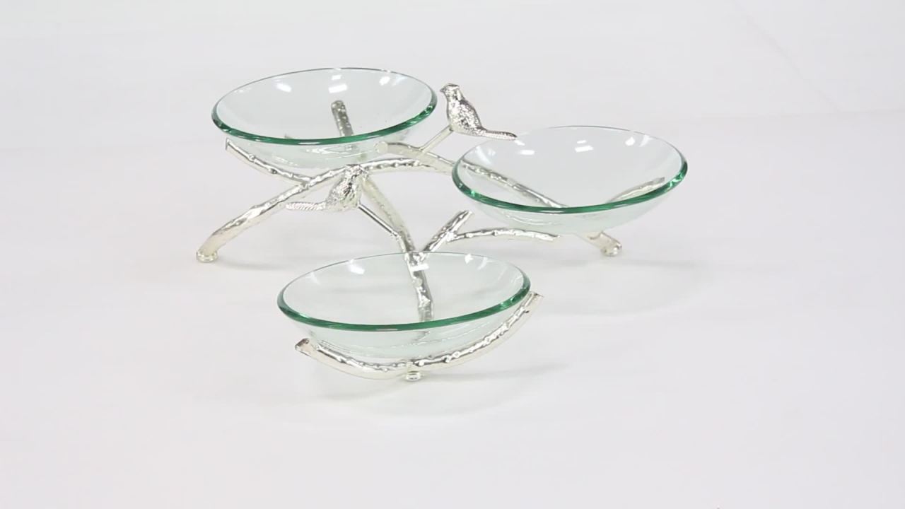 thumbnail video image 2 of DecMode 22" x 9" Clear Tempered Glass Bird Serving Bowl with Silver Metal Base, 1-Piece, 2 of 7