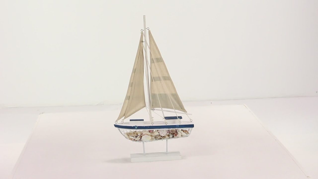 thumbnail video image 2 of DecMode Pine wood Coastal Sailing Boat Sculpture, Beige, 2 of 11