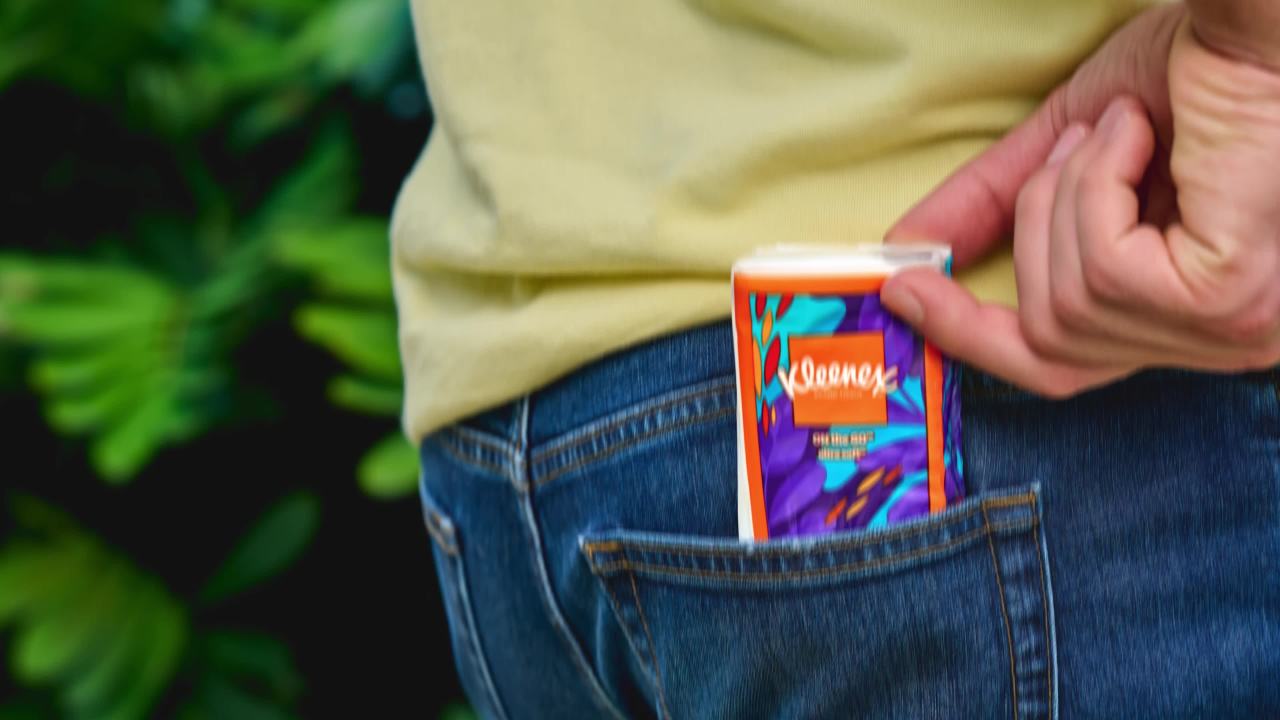 thumbnail video image 2 of Kleenex On-The-Go Facial Tissues, 8 On-The-Go Packs, 10 Tissues per Pack, 3-Ply, 2 of 12