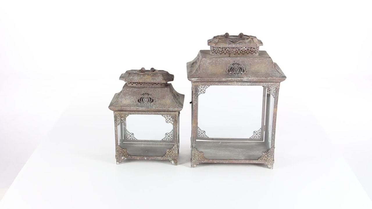 thumbnail video image 2 of DecMode 2 Holder Brown Metal Decorative Candle Lantern, Set of 2, 2 of 14