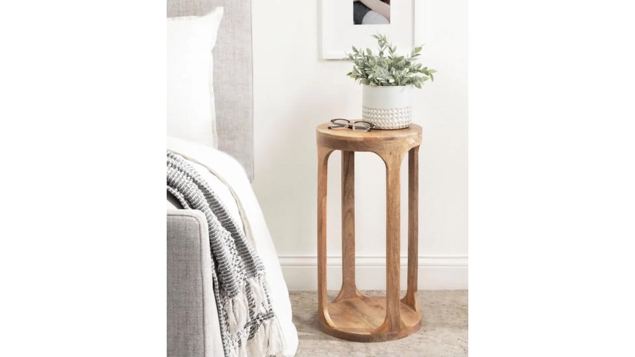 thumbnail video image 2 of Kate and Laurel Dahl Wooden Round Drink Table, 12 x 23, Natural Brown, Transitional Boho Circle Wood Accent Pedestal Table for Living Room Plant Stand or Small Bedroom Nightstand, 2 of 8