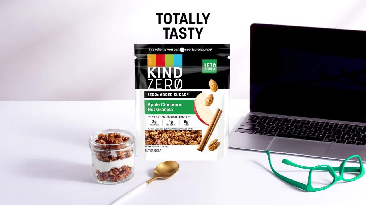 thumbnail video image 2 of KIND ZERO Added Sugar Nut Granola, Apple Cinnamon, Gluten Free, 8oz Pouch, 1 Count, 2 of 7