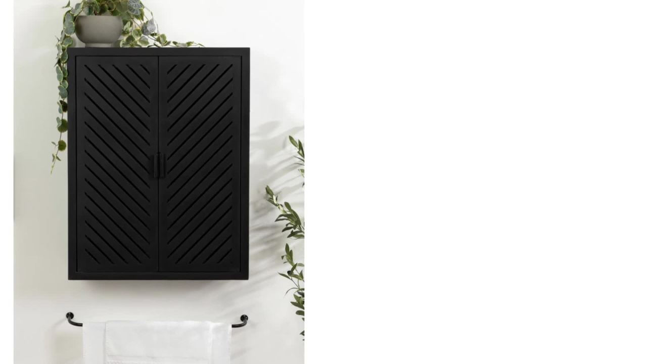 thumbnail video image 2 of Kate and Laurel Mezzeta Decorative Coastal Two-Door Floating Bathroom Cabinet, 22 x 7 x 28, White, Decorative Over Toilet Storage Cabinet for Use as Bath Storage or Living Room Decor, 2 of 10