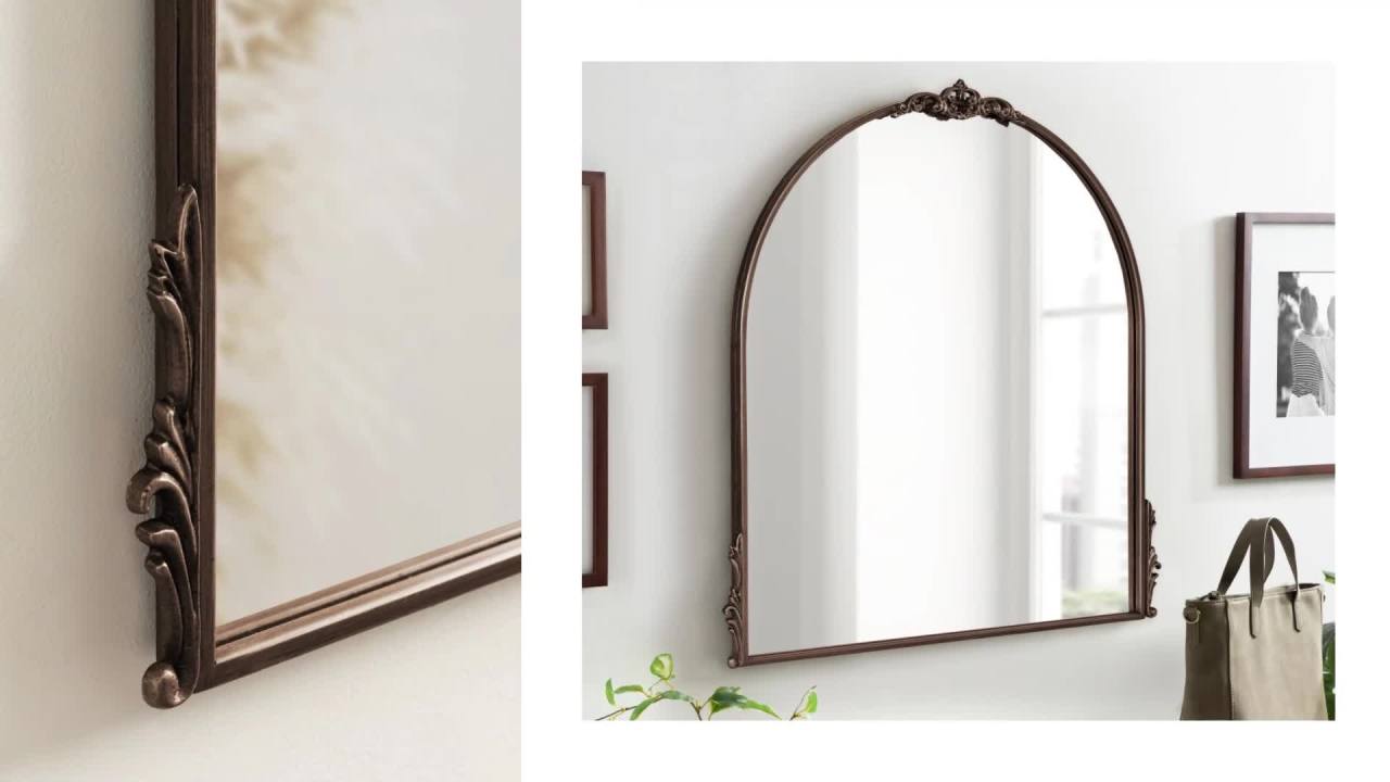 thumbnail video image 2 of Kate and Laurel Myrcelle Ornate Vintage Arched Mirror, 30 x 32, Bronze, Decorative Wide Arch Mirror for Use as Fireplace Mantel Mirror or Bathroom Mirror for Over Sink, 2 of 9