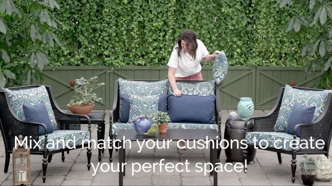 thumbnail video image 2 of ARDEN Outdoor Deep Seat Cushion Set, 24 x 24, Water Repellant, Fade Resistant, Deep Seat Bottom and Back Cushion for Chair, Sofa, and Couch, Sapphire Aurora Blue Damask, 2 of 13
