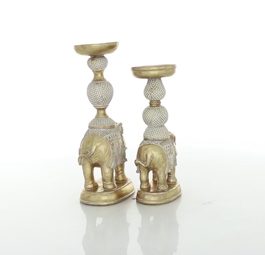 thumbnail video image 2 of DecMode 2 Candle White Polystone Elephant Candle Holder with White Wash Finish, Set of 2, 2 of 9