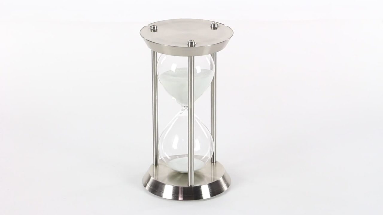 thumbnail video image 2 of DecMode 7" x 12" Silver Metal Hourglass Sand Timer, 1-Piece, 2 of 9