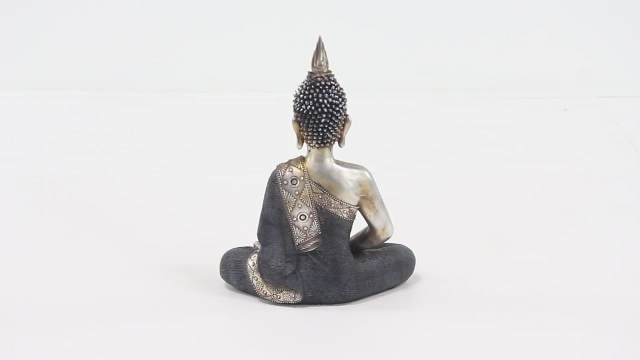 thumbnail video image 2 of 12" x 16" Brass Polystone Meditating Buddha Sculpture with Engraved Carvings and Relief Detailing, by DecMode, 2 of 12