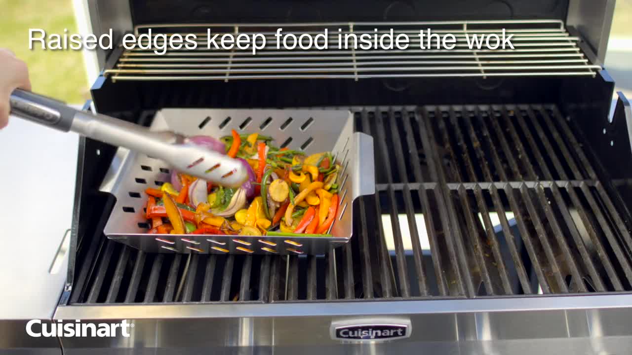 thumbnail video image 2 of Cuisinart® Stainless Steel BBQ Wok - Grilling Basket, Perforated Grilling Surface Enhances Natural Flavors, 2 of 12