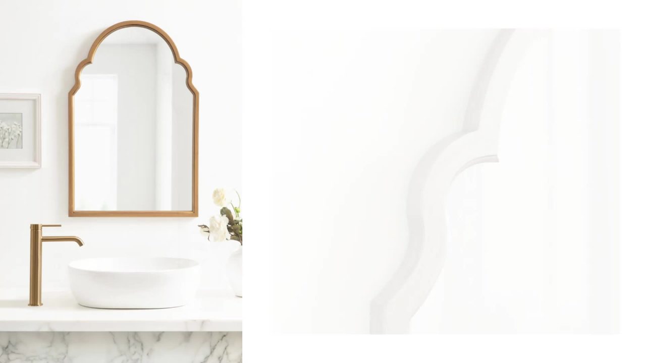 thumbnail video image 2 of Kate and Laurel Hogan Wooden Arched Wall Mirror, 20 x 30, Gold, Vintage Glam Moroccan Arch Wood Mirror with Unique Scalloped Corners and Modern Shape, 2 of 8