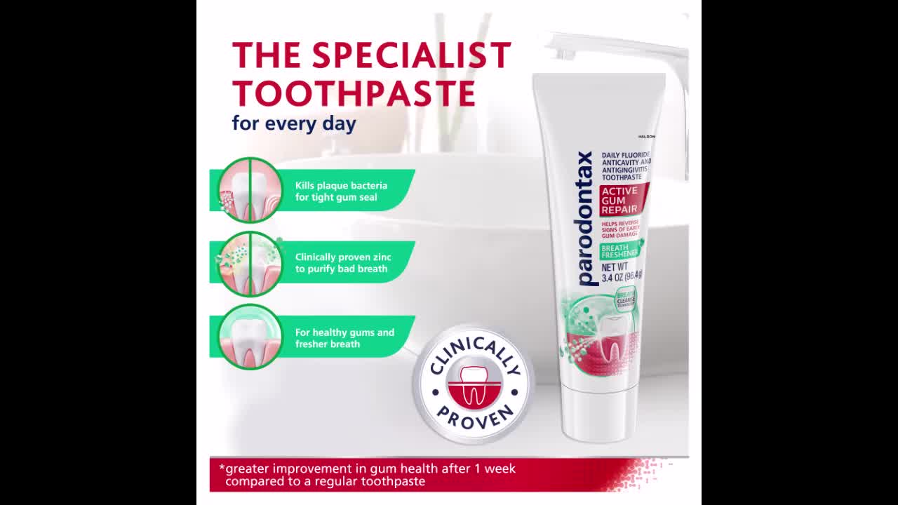 thumbnail video image 2 of Parodontax Active Gum Repair Breath Freshener Toothpaste, 3.4 Oz, 2 of 13