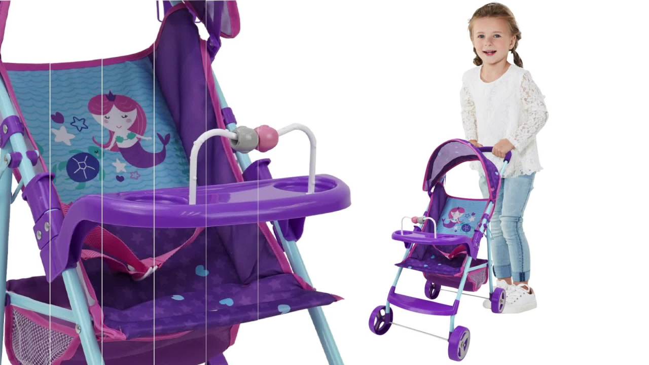 thumbnail video image 2 of 509 Mermaid Doll Stroller - Canopy & Cup Holder, Easy Fold Storage & Travel, Fits Dolls up to 21", Ages 3+, 2 of 7