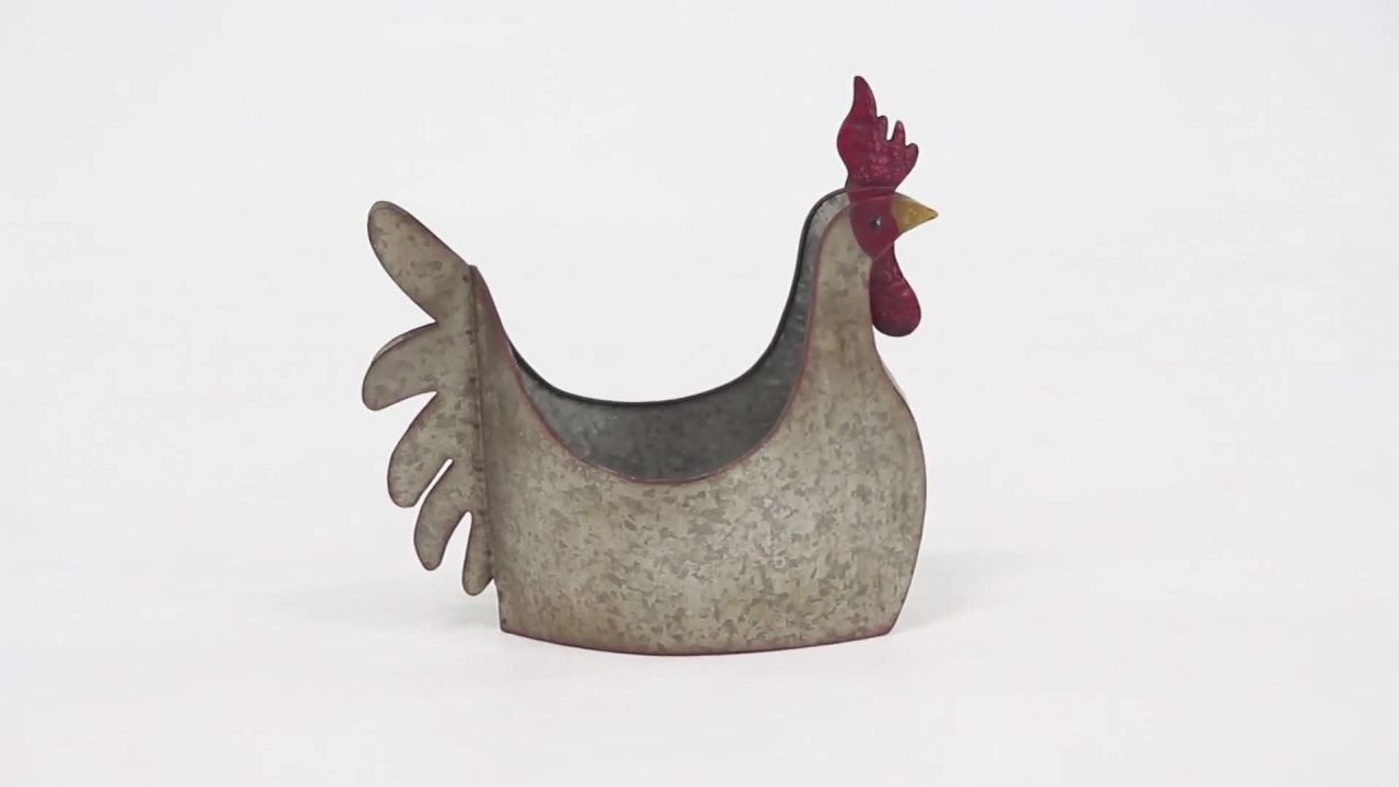 thumbnail video image 2 of DecMode 12" x 16" Gray Metal Rooster Planter, 2 of 10