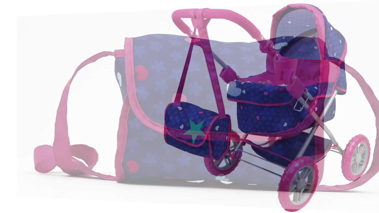 thumbnail video image 2 of Unicorn Doll Pram - Kids Pretend Play, Large wheels, Retractable Canopy, Cup Holder & Carry Bag, Ages 3+, 2 of 6