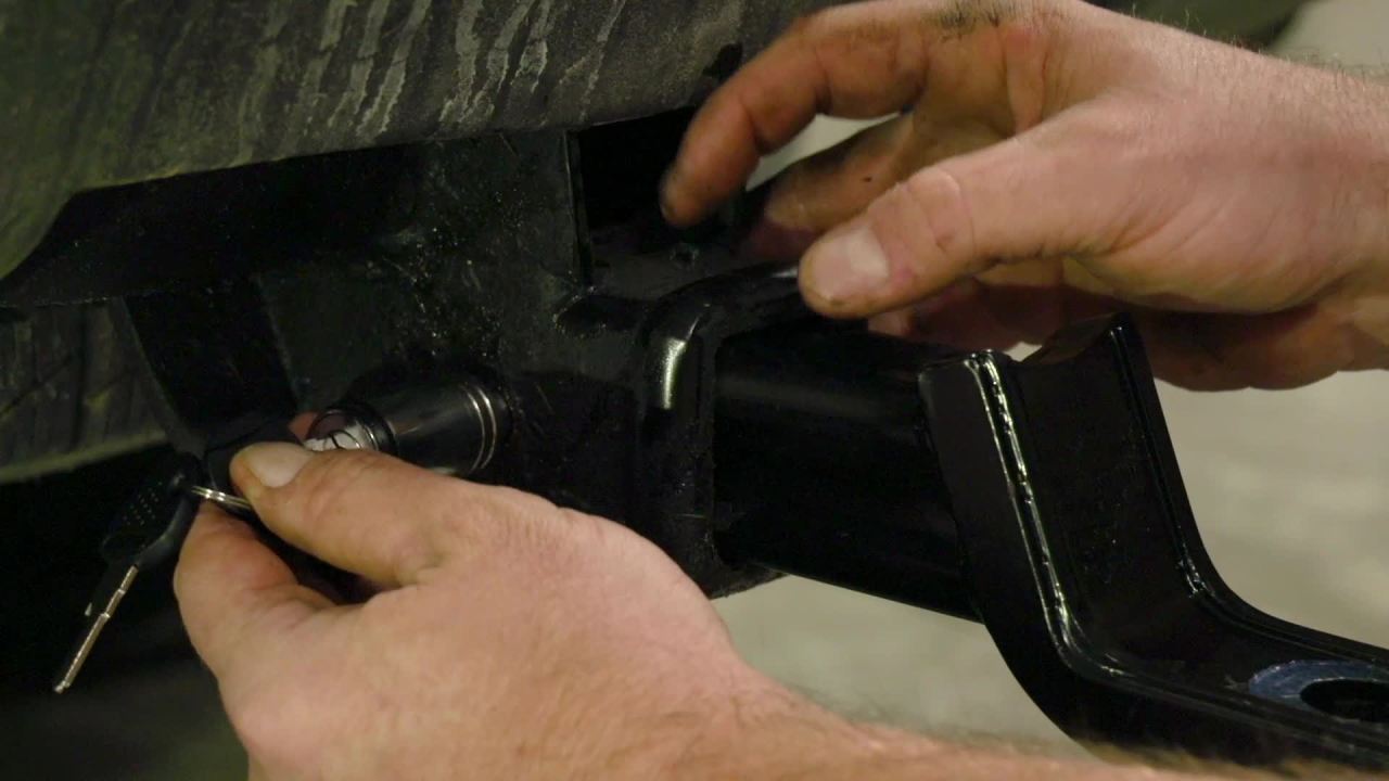 thumbnail video image 2 of TowSmart Barrel Trailer Hitch Lock, 5/8in Pin, Steel, 4in Span, Includes 2 Keys, 2 of 17