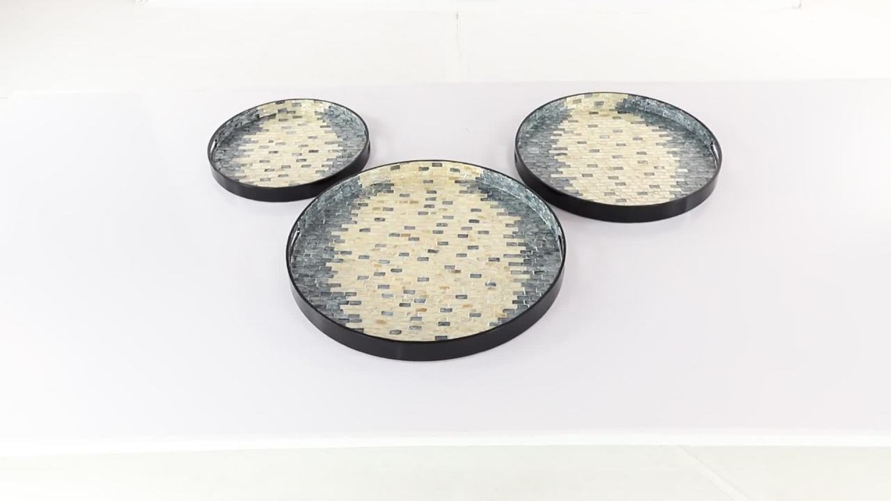 thumbnail video image 2 of DecMode 24", 20", 16"W Blue Mother of Pearl Shell Handmade Geometric Tray with Slot Handles, 3-Pieces, 2 of 10