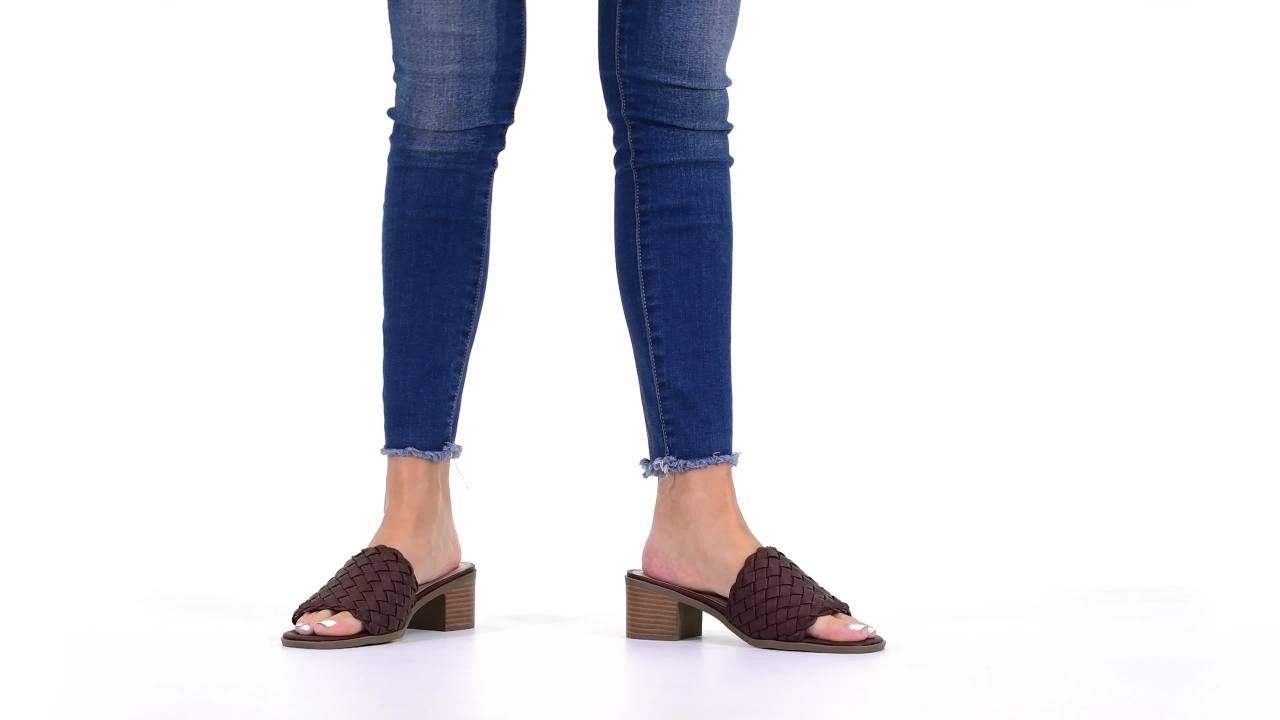 thumbnail video image 2 of Journee Womens Fylicia Woven Detail Slip On Stacked Heel Dress Sandals, 2 of 10