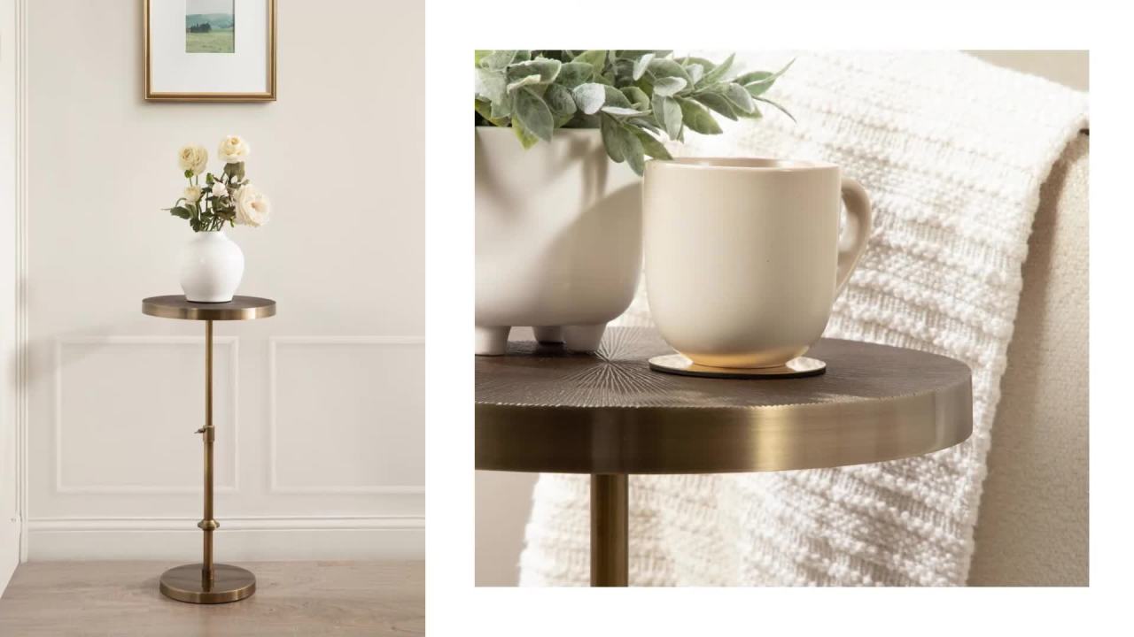 thumbnail video image 2 of Kate and Laurel Engles Traditional Adjustable-Height Pedestal Side Table, 14 x 14 x 30, Antique Brass, Vintage Round Indoor Metal Plant Stand with Embossed Pattern for Use as Bedroom Nightstand, 2 of 11