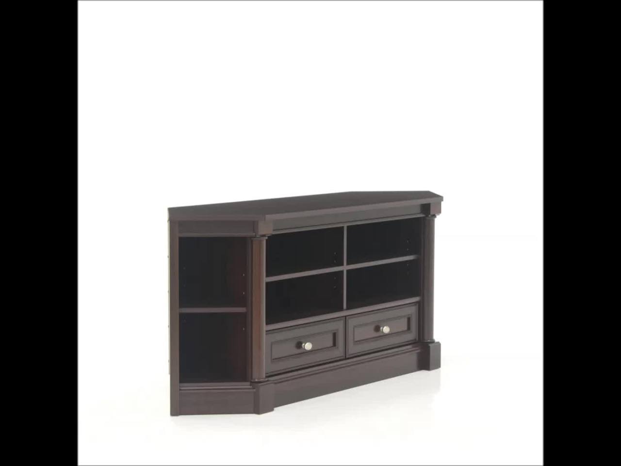 thumbnail video image 2 of Sauder Palladia Corner Entertainment TV Stand for TVs up to 60", Select Cherry Finish, 2 of 10