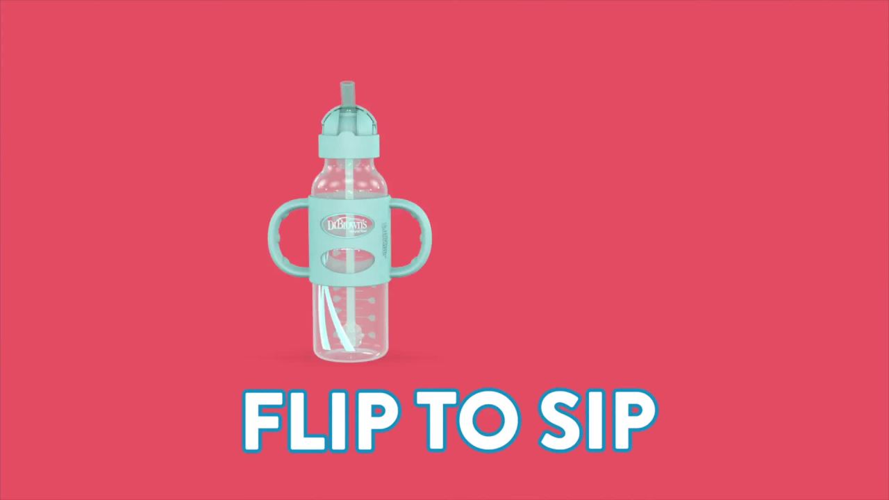 thumbnail video image 2 of Dr. Brown's Milestones Narrow Sippy Straw Bottle, 100% Silicone Handles, 8oz/250ml, Blue/Gray 2 Pack, 2 of 8