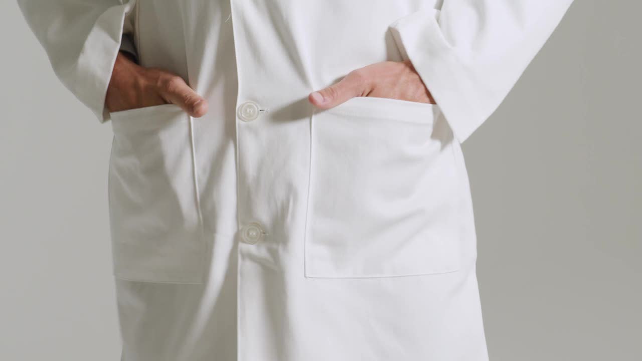 thumbnail video image 2 of Landau Essentials Relaxed Fit 5-Pkt 4-Button Full-Length Lab Coat for Men 3124, 2 of 6